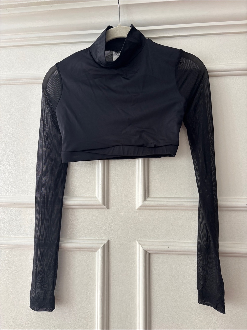 balera Black Mesh Long-Sleeve Cropped Mock Neck Top